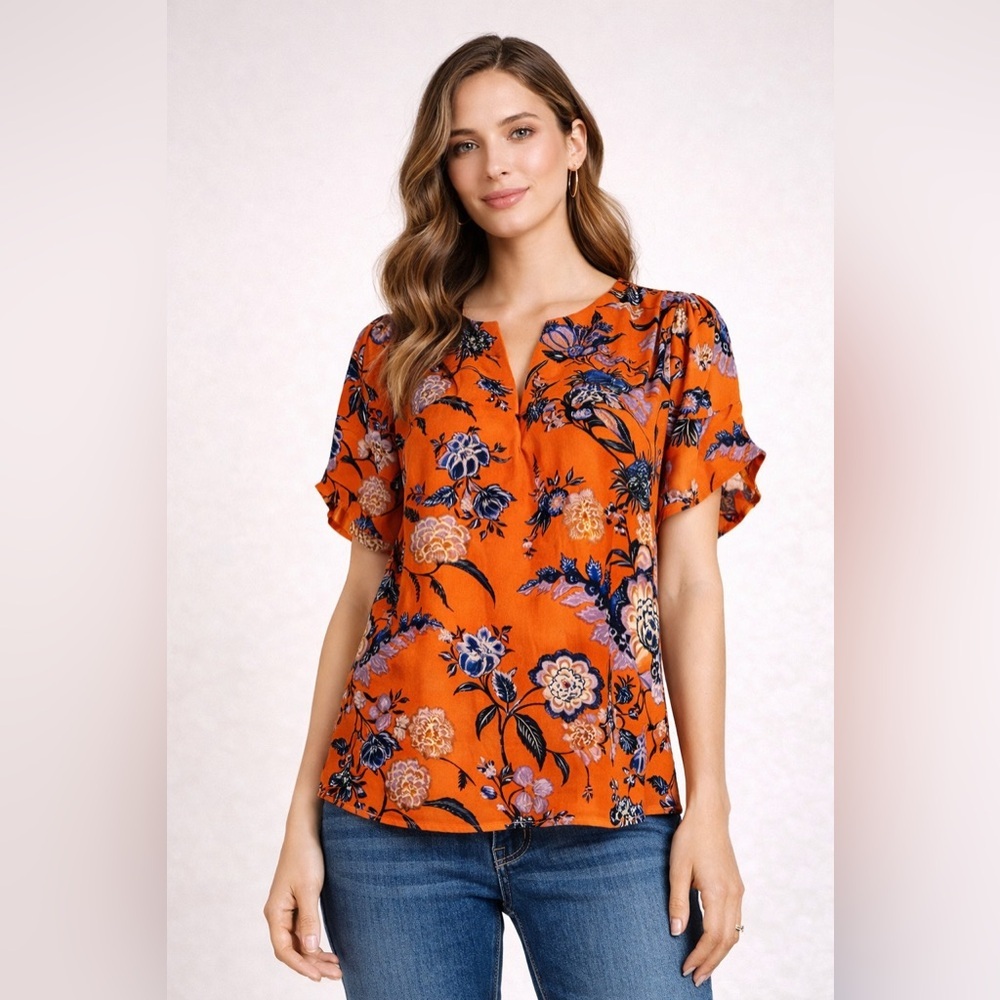 DR2 Orange Floral Blouse Size M Short Sleeve summer spring Lightweight Top